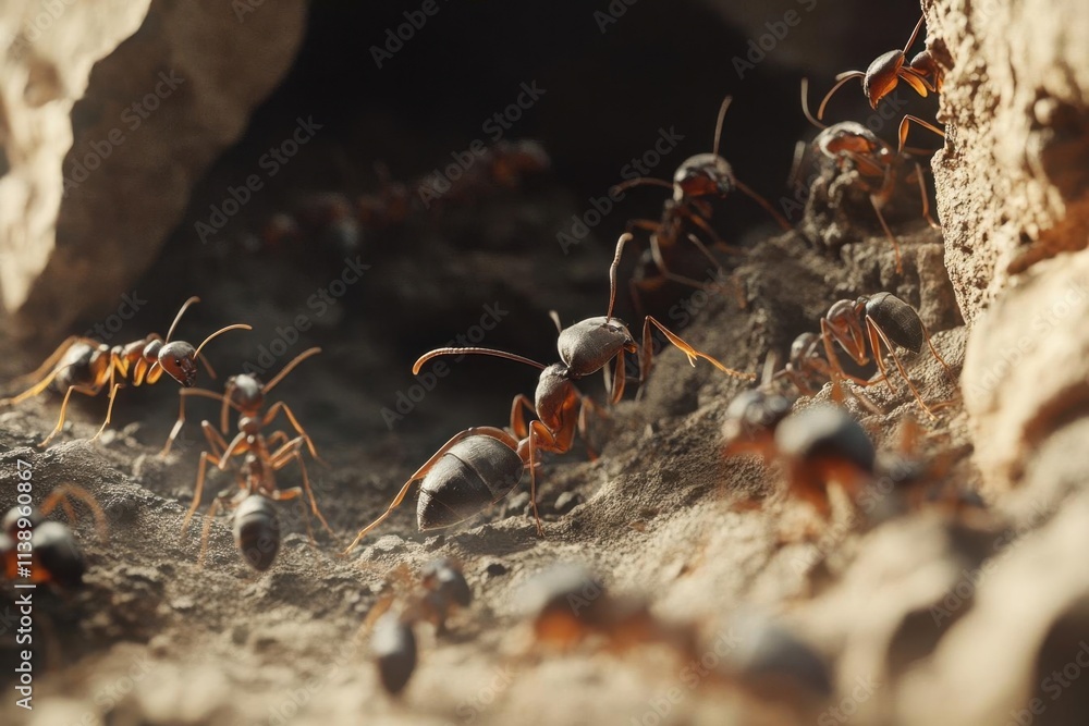 A close-up view of ants in their natural habitat, busy and active. A close-up view of ants in their natural habitat, busy and active.