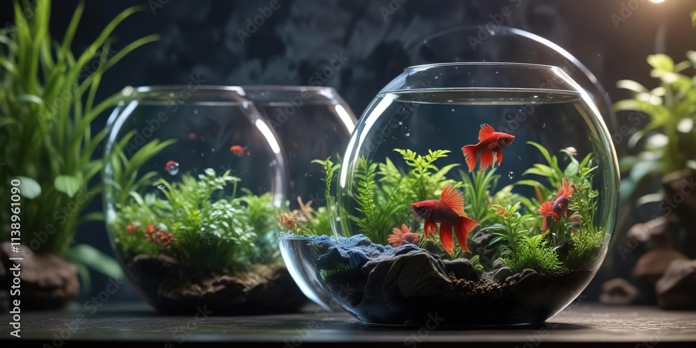 Betta fish in a water bowl with a bubble cave and plants, aquatic life, water bowl Betta fish in a water bowl with a bubble cave and plants, aquatic life, water bowl