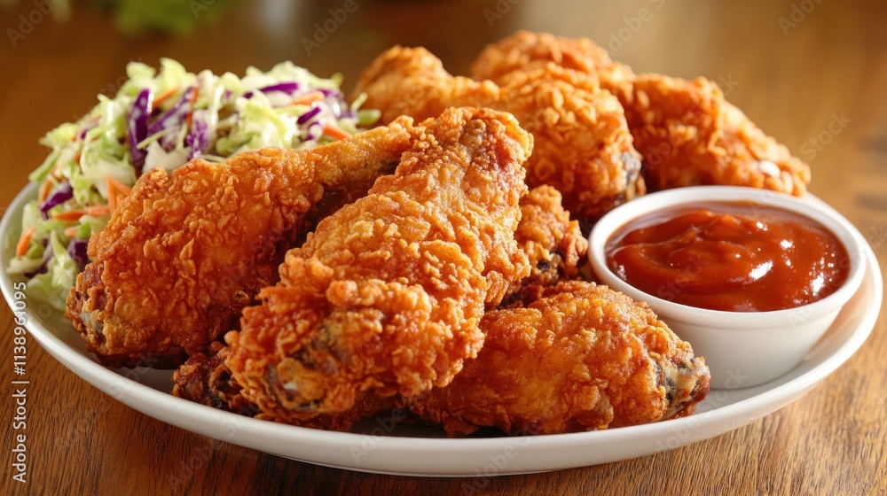 Fried chicken with coleslaw and sauce on plate. Fried chicken with coleslaw and sauce on plate.