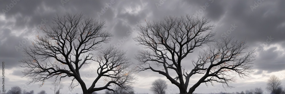 bare tree branches stretching towards grey sky, isolated, winter wonderland, frosty bare tree branches stretching towards grey sky, isolated, winter wonderland, frosty