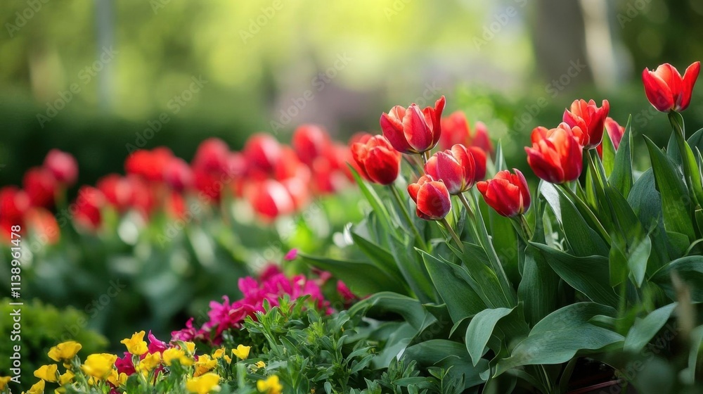 Fototapeta premium A vibrant display of tulips and flowers in a lush garden setting.