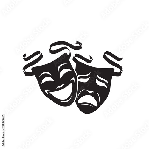 icon of comedy and tragedy theatrical masks with ribbon isolated on white background