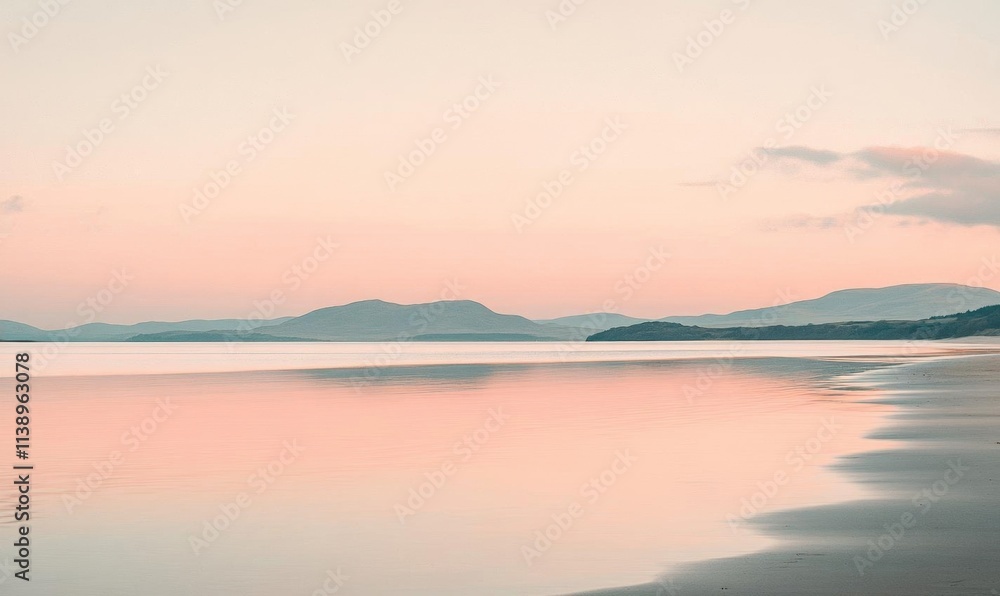 Serene beach landscape at sunset with gentle waves and distant mountains. Serene beach landscape at sunset with gentle waves and distant mountains.