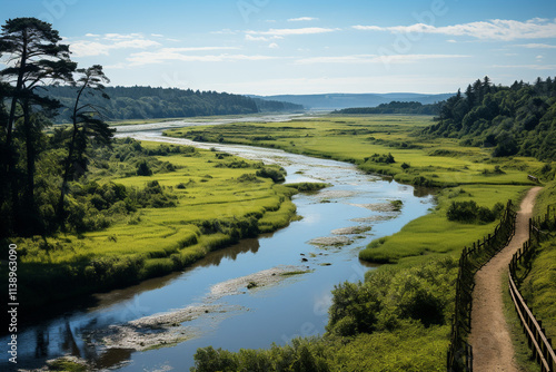 breathtaking sight of a river estuary viewed from a higher vantage point encapsulates harmonious blend of freshwater and saltwater, multitude of habitats it supports, and thriving ecosystem that flour