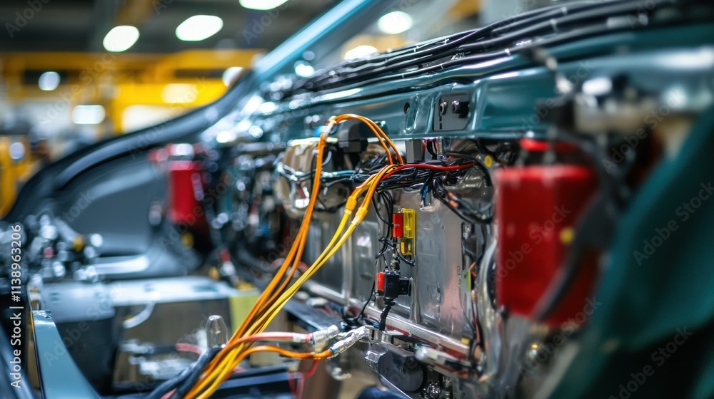 A closeup image of the wiring harness being integrated into the vehicles frame illustrating the complexity of electronic connections needed for connectivity. A closeup image of the wiring harness being integrated into the vehicles frame illustrating the complexity of electronic connections needed for connectivity.