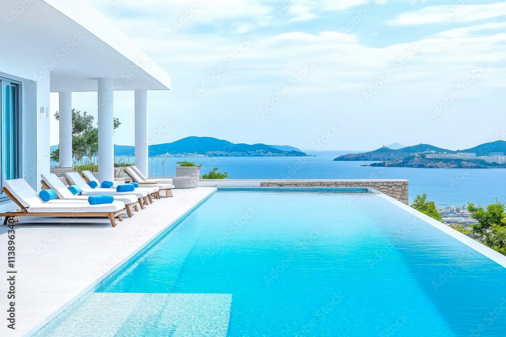 Fototapeta premium Terrace in villa with swimming pool clear blue water with stunning sea view and sky