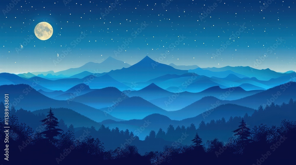 Majestic moonlit mountain range landscape at night. Majestic moonlit mountain range landscape at night.