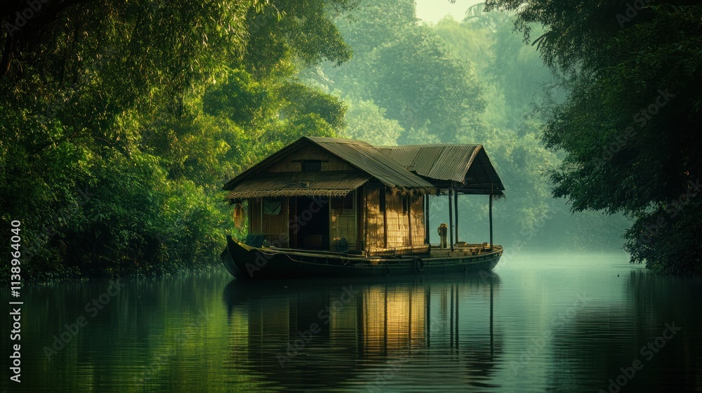 Fototapeta premium Houseboat floats on a river surrounded by lush green forest.