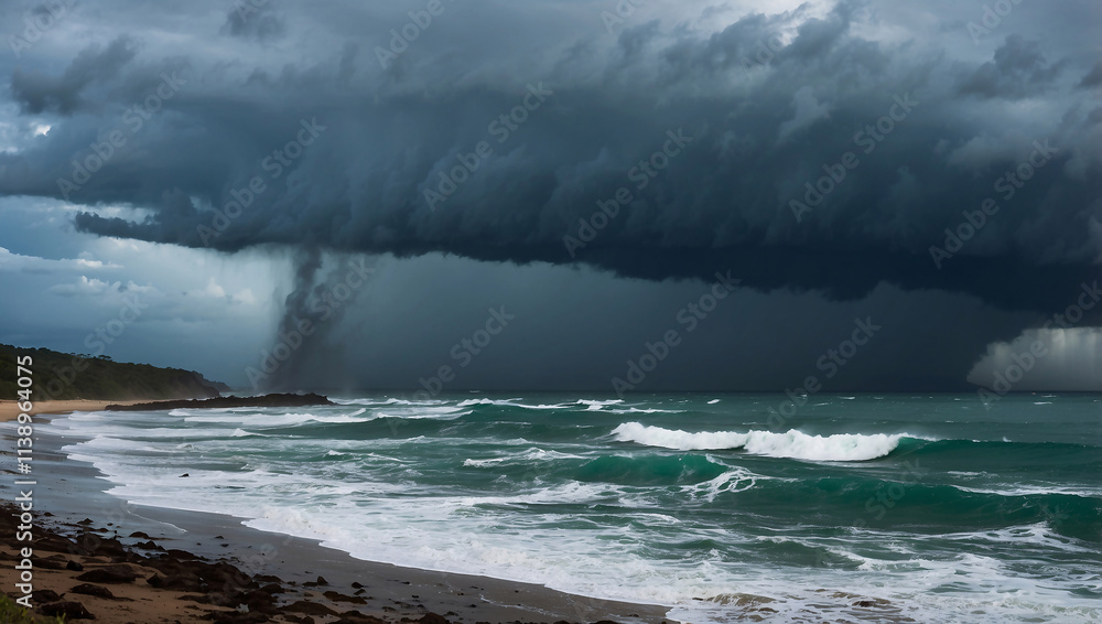Stormy Sky with Waterspout Over Ocean, background Stormy Sky with Waterspout Over Ocean, background