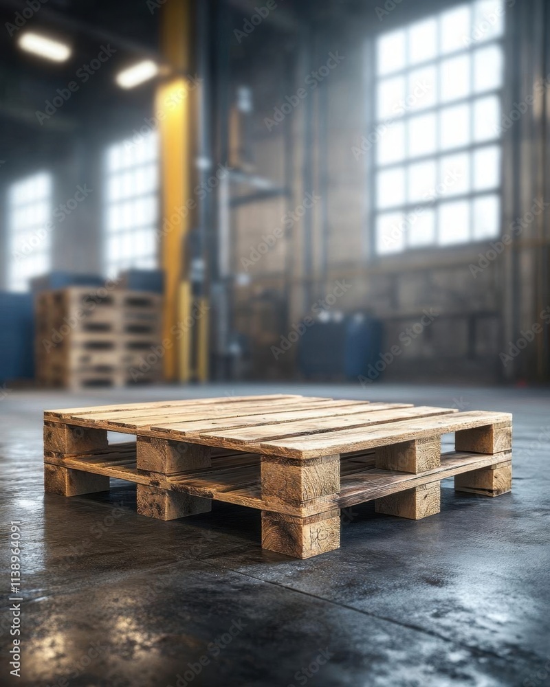 A wooden pallet in an industrial setting, showcasing storage solutions. A wooden pallet in an industrial setting, showcasing storage solutions.