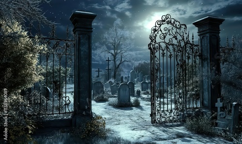 A spooky graveyard scene with an open wrought-iron gate under a full moon.