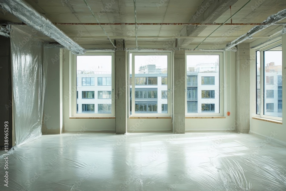 Fototapeta premium Empty room with large windows and plastic coverings, under construction.