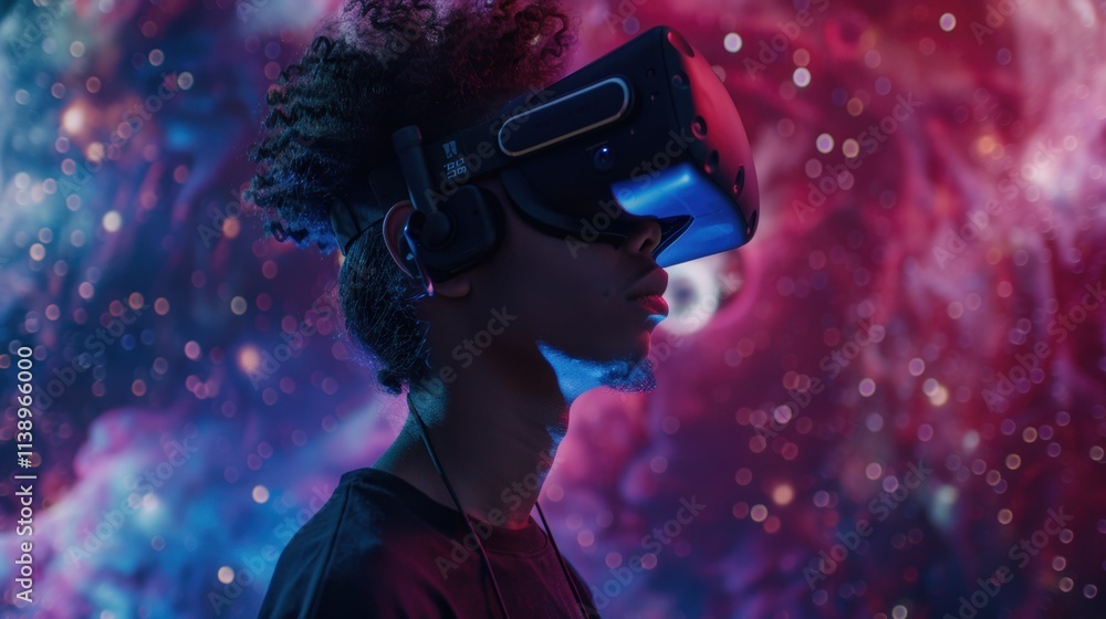 A person wearing a VR headset, immersed in a cosmic environment. A person wearing a VR headset, immersed in a cosmic environment.