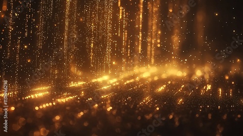 Golden particle rain falling on dark background.