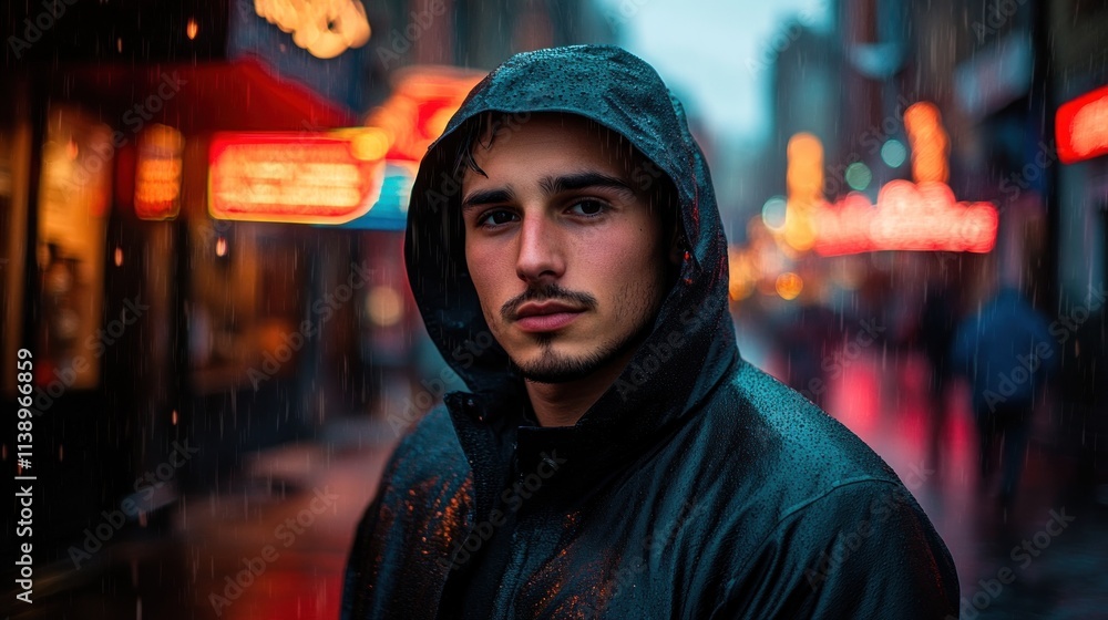 Fototapeta premium Man in hooded coat in rainy city street.