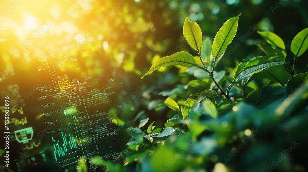 An intricate shot of a digital dashboard displaying energy consumption data with leafy plants thriving in the foreground symbolizing a balance between technology and nature. An intricate shot of a digital dashboard displaying energy consumption data with leafy plants thriving in the foreground symbolizing a balance between technology and nature.