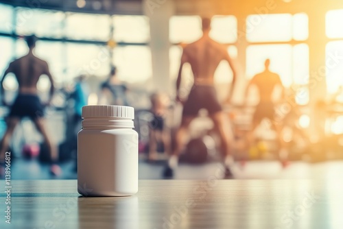 Bottle of supplements in gym with exercising people blurred in background