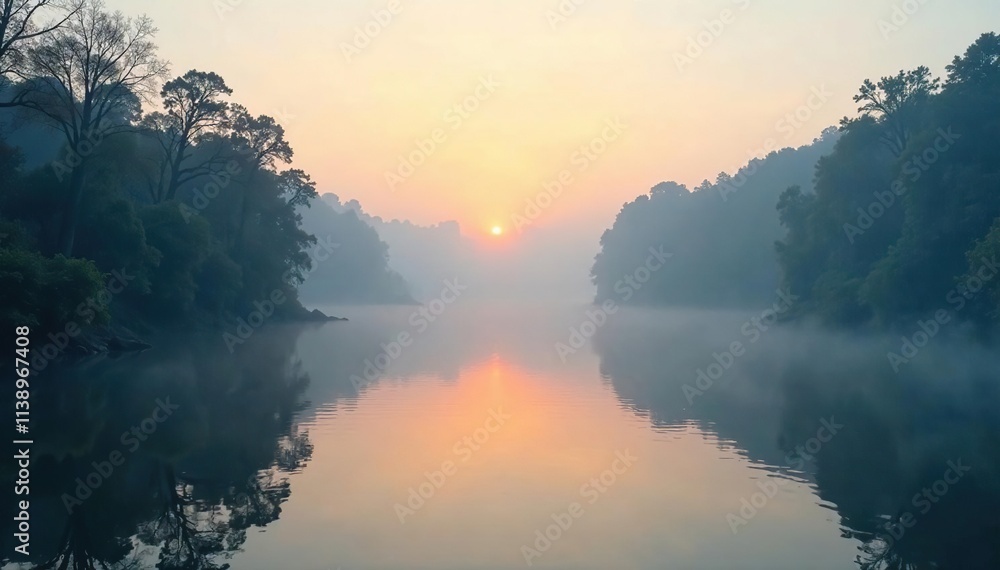 Obraz premium Dense fog rolls over the river's calm surface, morning, mist