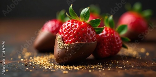 Delicate strawberry leaves wrapped in dark brown chocolate with edible gold leaf, indulgent delight, , dessert photo