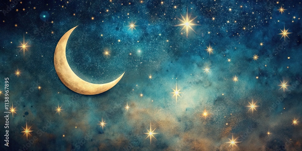 Retro Starry Night Sky with Crescent Moon, starry night sky, crescent moon, retro pattern, vintage astronomy Retro Starry Night Sky with Crescent Moon, starry night sky, crescent moon, retro pattern, vintage astronomy