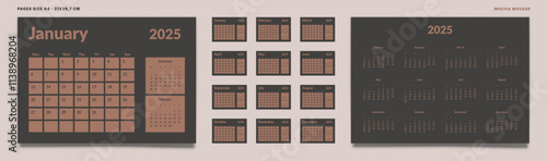 Set of Pages Monthly Calendar Planner Templates on 2025 and Annual. Vector mockup of wall or desktop calendar with the week start on Monday. Pages size A4 21x29.7cm