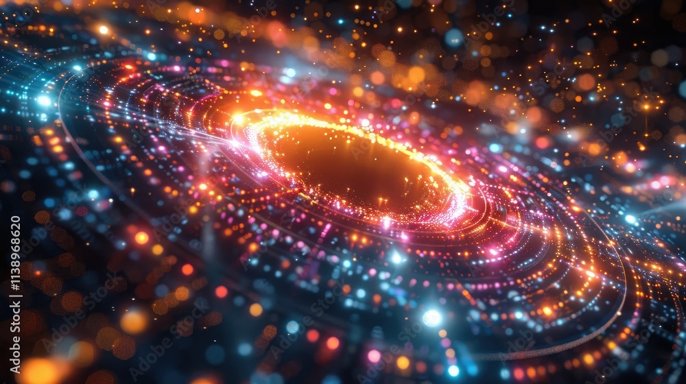 Obraz premium Abstract circular light trails, glowing particles, vibrant colors, dark background.