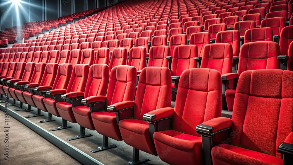 Fototapeta premium red chairs lined cinema , cinema seats red, cinema hall, movie theater