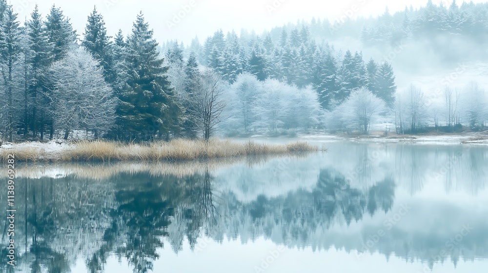 Winter wonderland lake landscape. Frozen trees and calm water. Concept of serene winter nature. Winter wonderland lake landscape. Frozen trees and calm water. Concept of serene winter nature.