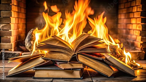 A collection of old books being burned on a hearth with flames licking at the edges of the bindings photo