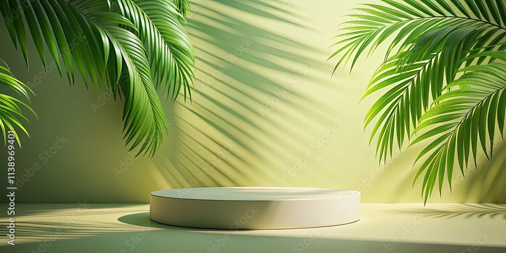 Fototapeta premium Summer Podium Backdrop with Tropical Palm Leaf Shadow Rendering Top View