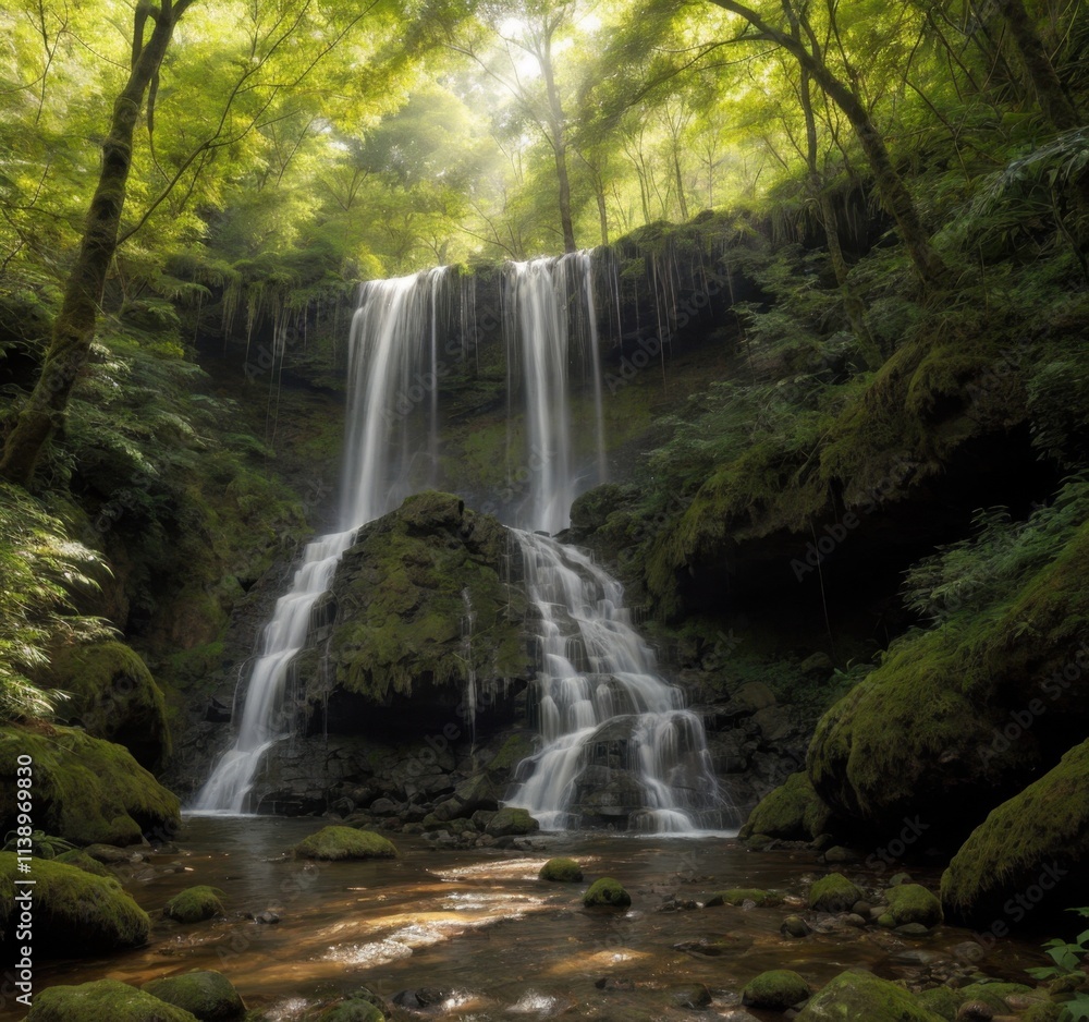 A serene waterfall cascading through lush greenery, creating a tranquil natural scene. A serene waterfall cascading through lush greenery, creating a tranquil natural scene.