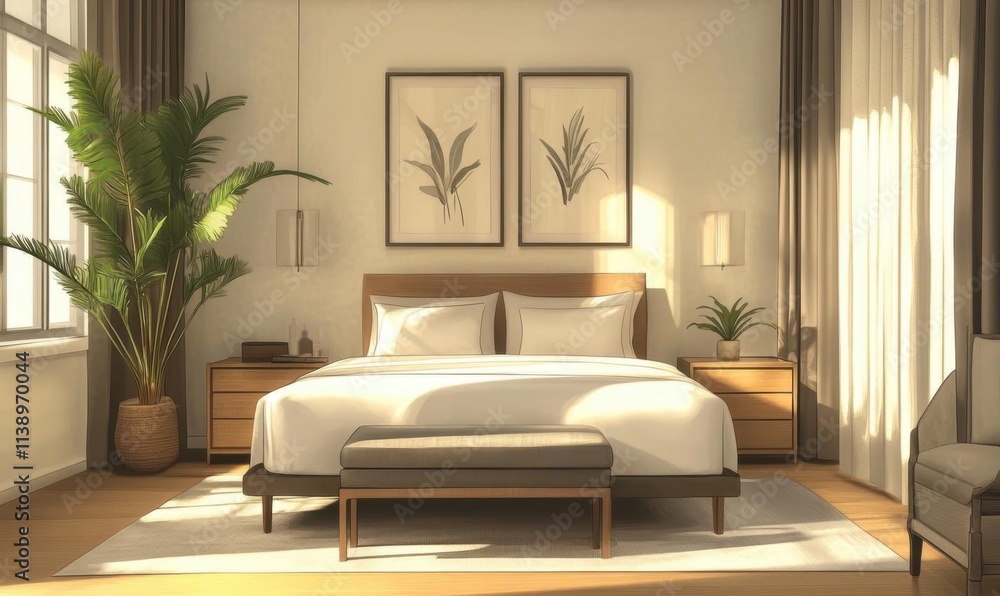 A serene bedroom with natural light and minimalist decor. A serene bedroom with natural light and minimalist decor.