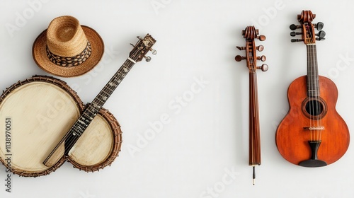 Vintage Musical Instruments Arrangement with Acoustic Guitar, Banjo, and Percussion on White Background for Cultural or Entertainment Concepts photo