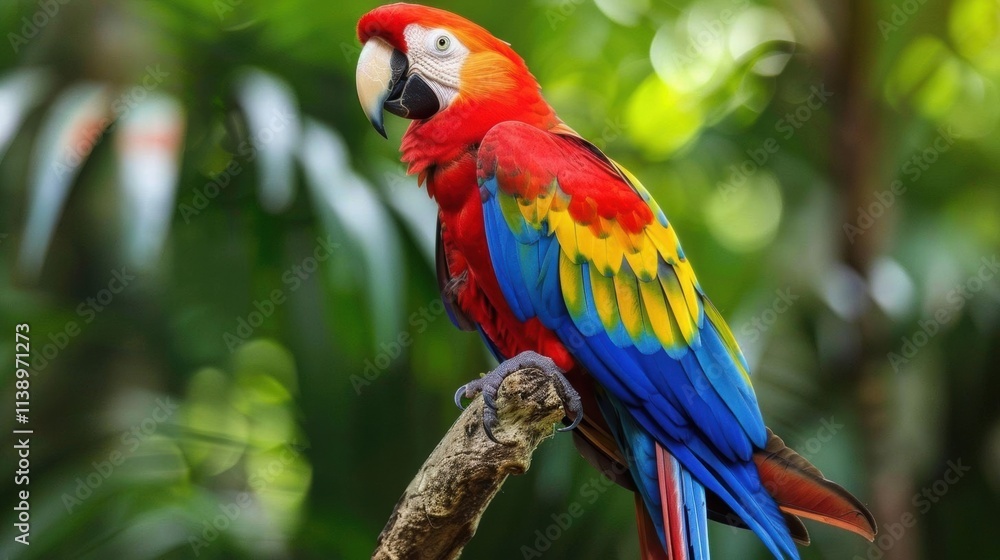 A vibrant parrot perched on a branch amidst lush greenery. A vibrant parrot perched on a branch amidst lush greenery.