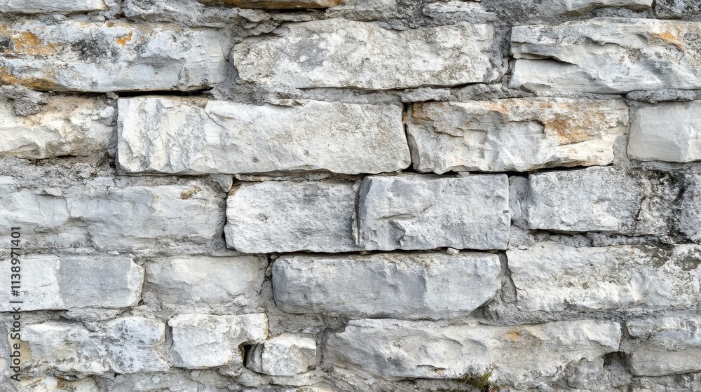 Obraz premium A close-up view of a textured stone wall made of light-colored stones.