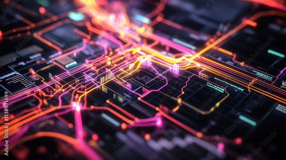 A closeup of data flow visualization on a digital map illustrating the journey of products through various nodes in the supply chain with vibrant lines of movement. A closeup of data flow visualization on a digital map illustrating the journey of products through various nodes in the supply chain with vibrant lines of movement.