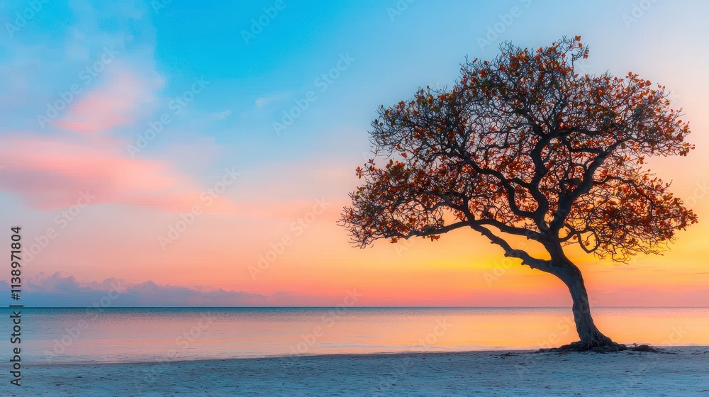 Solitary Tree Silhouette at Peaceful Sunset Beach Solitary Tree Silhouette at Peaceful Sunset Beach