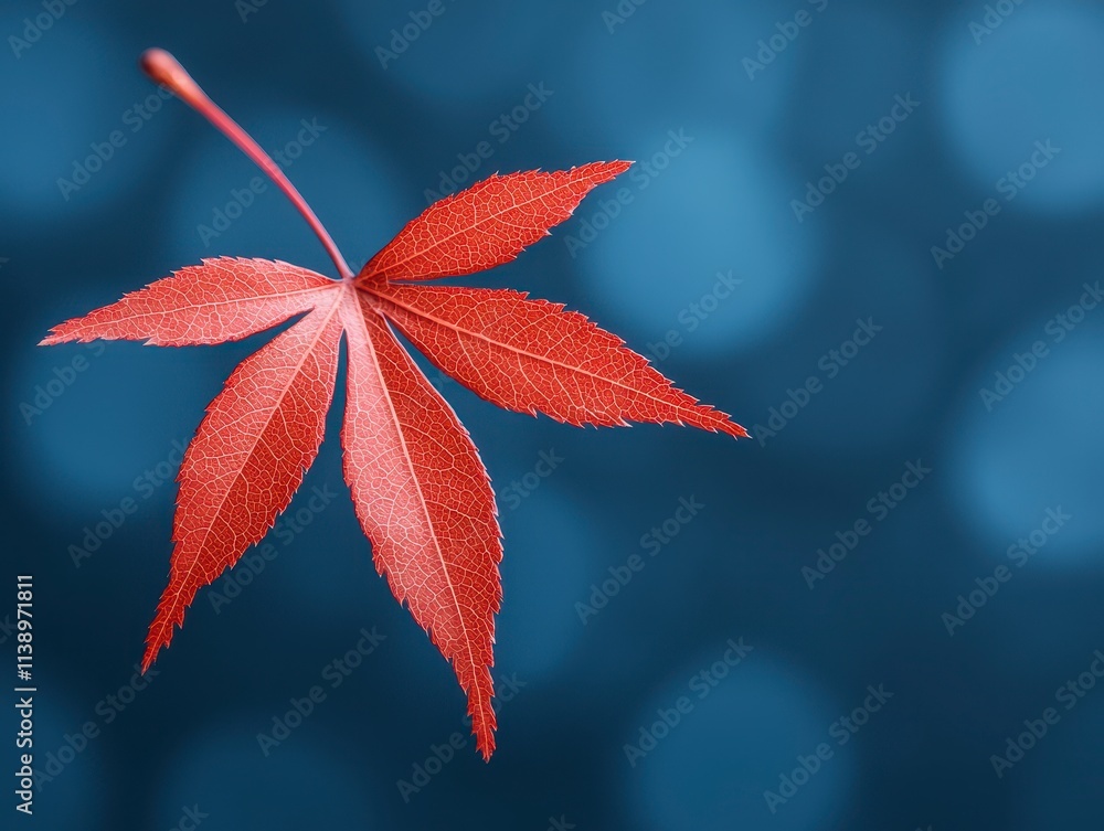 Single Red Maple Leaf on Blue Bokeh Background Single Red Maple Leaf on Blue Bokeh Background