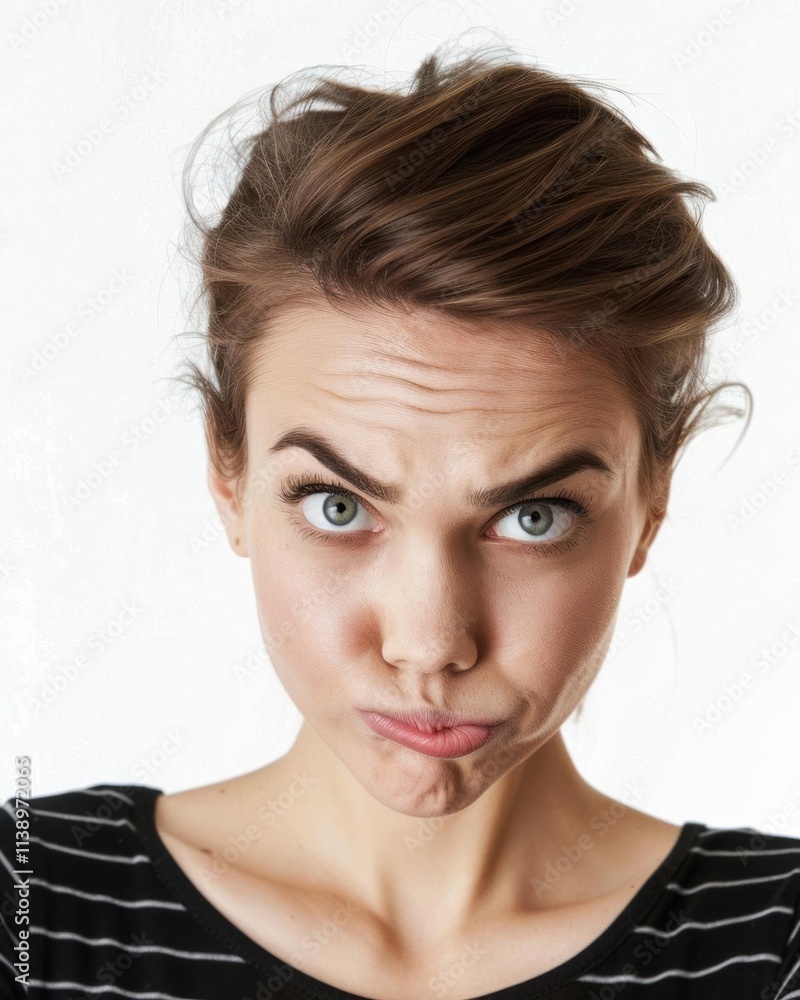 A woman making a funny facial expression with a playful pout. A woman making a funny facial expression with a playful pout.