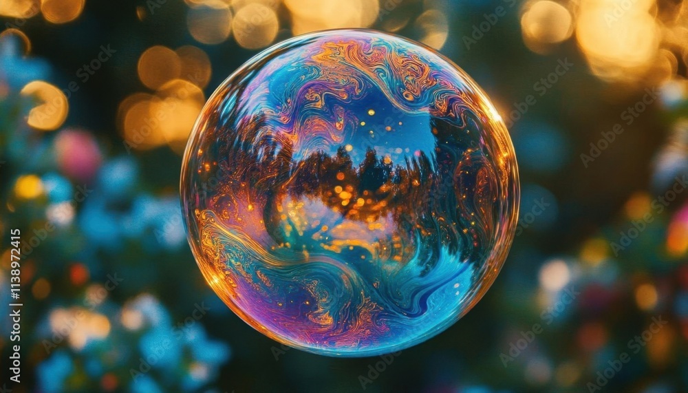 A colorful soap bubble reflecting a vibrant, blurred natural background. A colorful soap bubble reflecting a vibrant, blurred natural background.