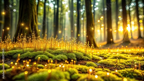 Golden algae cells illuminate dewy forest floor, algae, forest floor, glow, nature, green photo