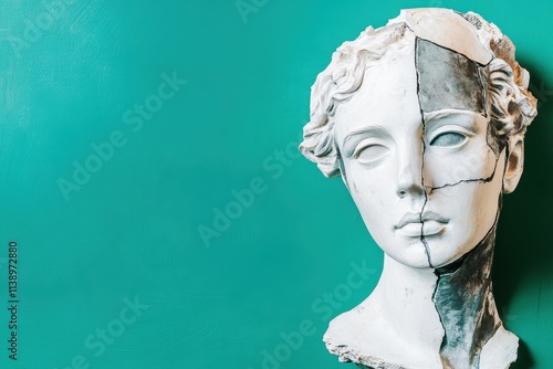 Wallpaper Mural Aesthetic Bust Sculpture with Half Broken Face on a Vibrant Turquoise Background Representing Art and History in a Modern Context Torontodigital.ca