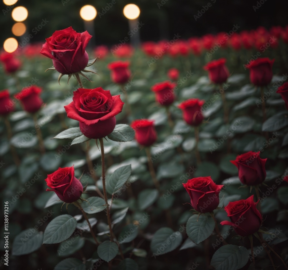 Fototapeta premium A vibrant field of red roses with soft glowing lights in the background.