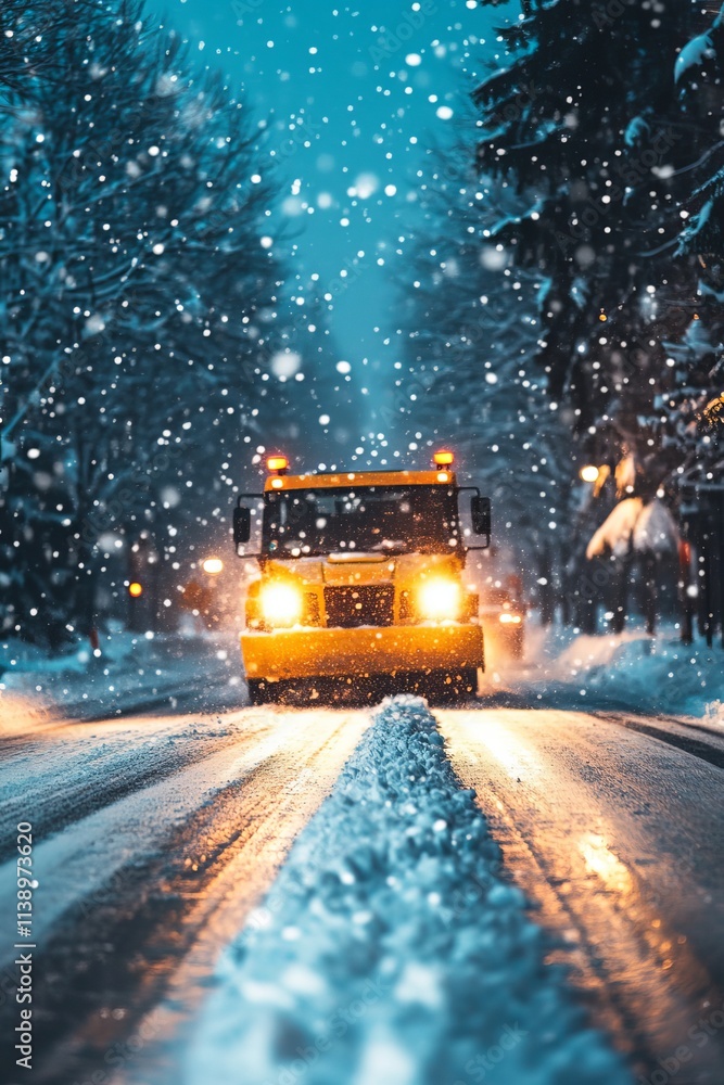 Snowplow ClearingSnowy Road During Heavy Winter Blizzard, Ensuring Commuter Safety and Accessibility Snowplow ClearingSnowy Road During Heavy Winter Blizzard, Ensuring Commuter Safety and Accessibility