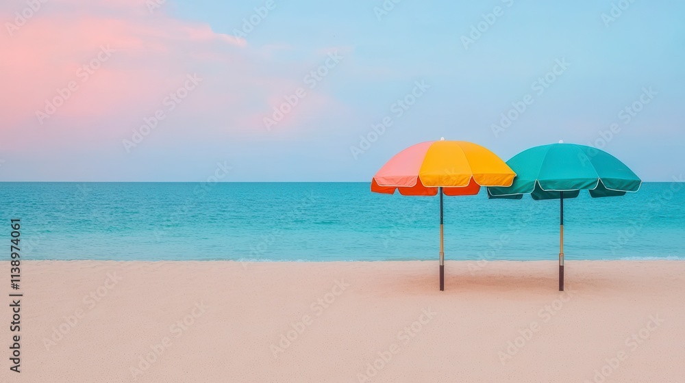 Peaceful Beach Scene with Colorful Umbrellas at Sunset Peaceful Beach Scene with Colorful Umbrellas at Sunset