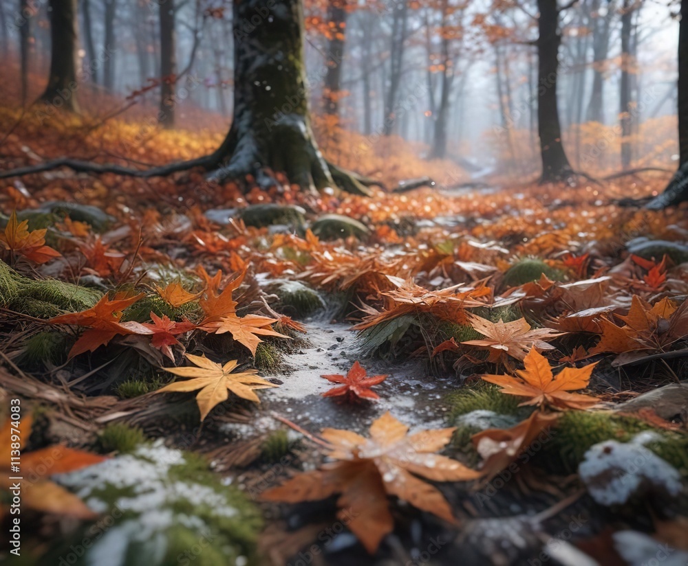 Snowflakes gently falling on the forest floor amidst fallen leaves, winter's chill, snowfall Snowflakes gently falling on the forest floor amidst fallen leaves, winter's chill, snowfall
