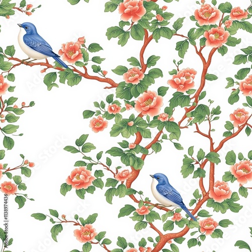 hyper realistic photo of  A blue bird perched on flowering branches, surrounded by lush foliage, creates a serene, nature-inspired pattern against a white background photo