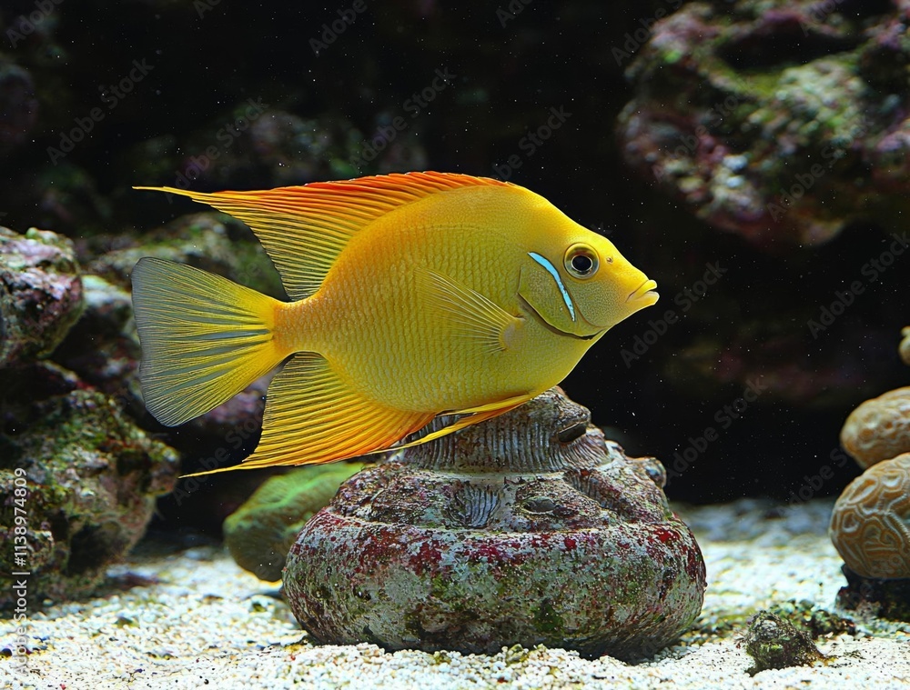 Zebrasoma flavescens - Yellow Tang fish in aquarium - coral reef fish , isolated on white background, , copy space, copy space for text, Zebrasoma flavescens - Yellow Tang fish in aquarium - coral reef fish , isolated on white background, , copy space, copy space for text,