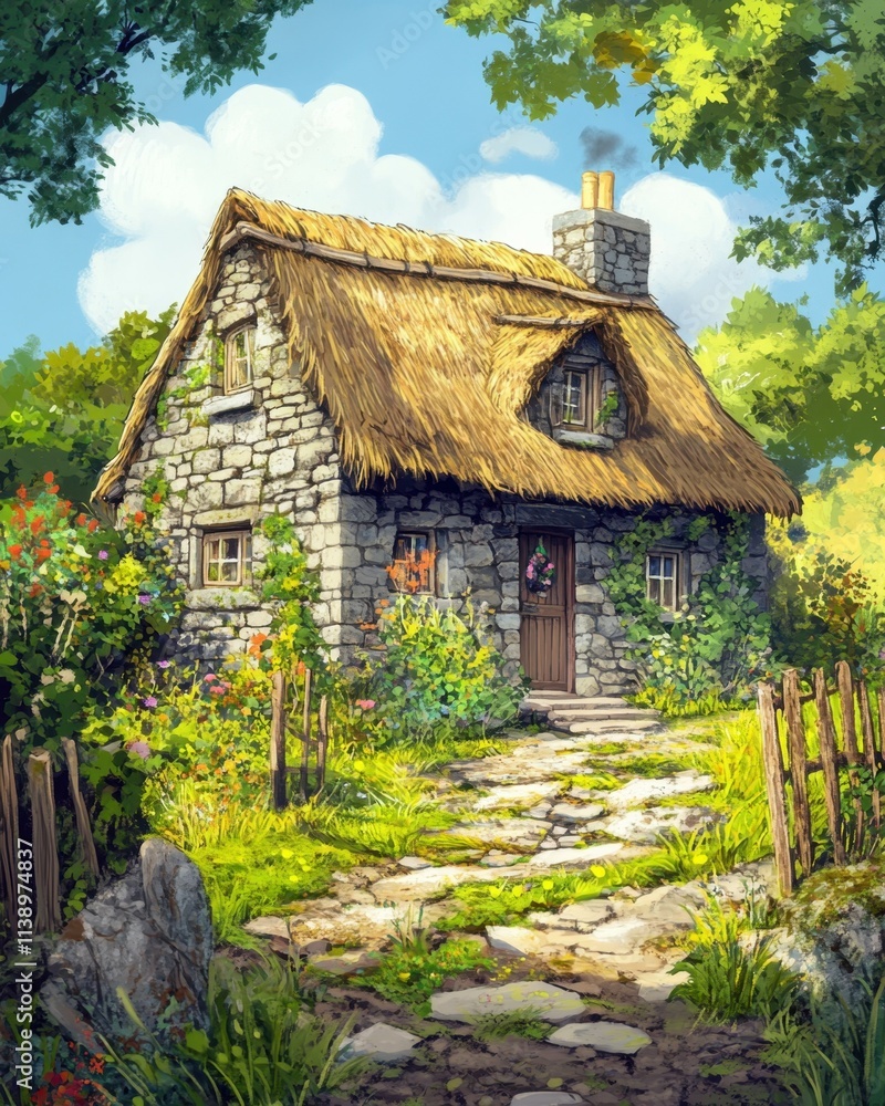 Fototapeta premium A charming stone cottage surrounded by vibrant flowers and greenery.