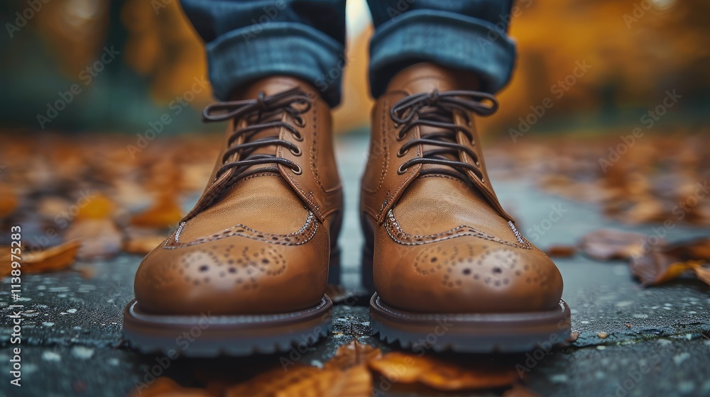 Close-up of brown leather brogue boots on autumn leaves. Close-up of brown leather brogue boots on autumn leaves.